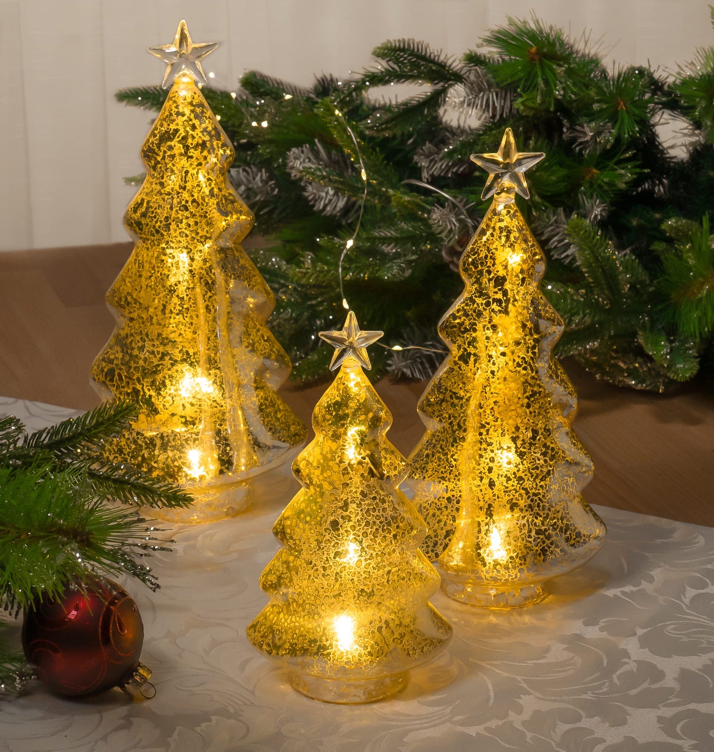 Red Co. 8.5”, 11”, 12.5” Light-Up Clear Glass Christmas Tree Tabletop Display Figurine Set of 3 Sizes, Mercury Gold