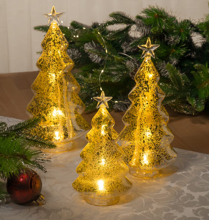Red Co. 8.5”, 11”, 12.5” Light-Up Clear Glass Christmas Tree Tabletop Display Figurine Set of 3 Sizes, Mercury Gold