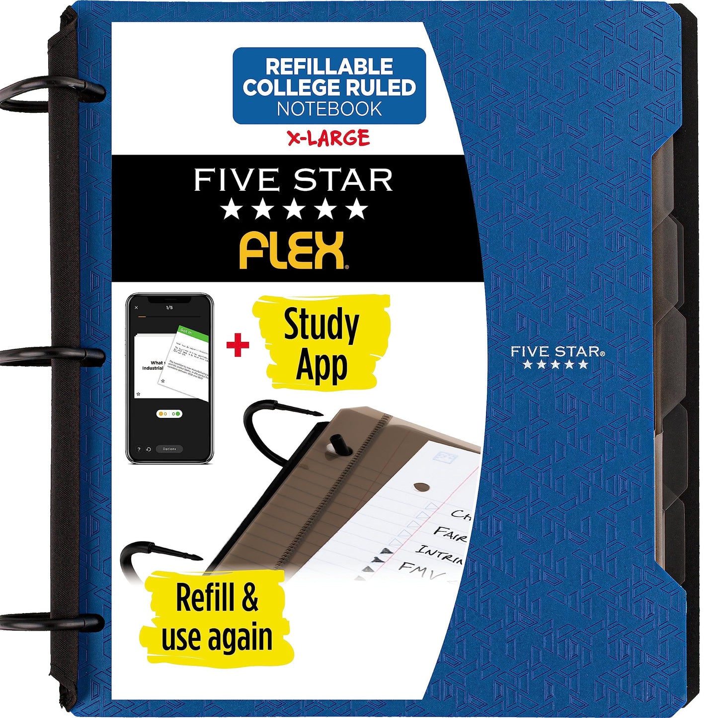 Five Star Flex Refillable Notebook + Study App, College Ruled Paper and 1-1/2 Inch TechLock Ring Binder with Pockets, Tabs and Dividers, 300 Sheet Capacity, Pacific Blue (29324AD2)