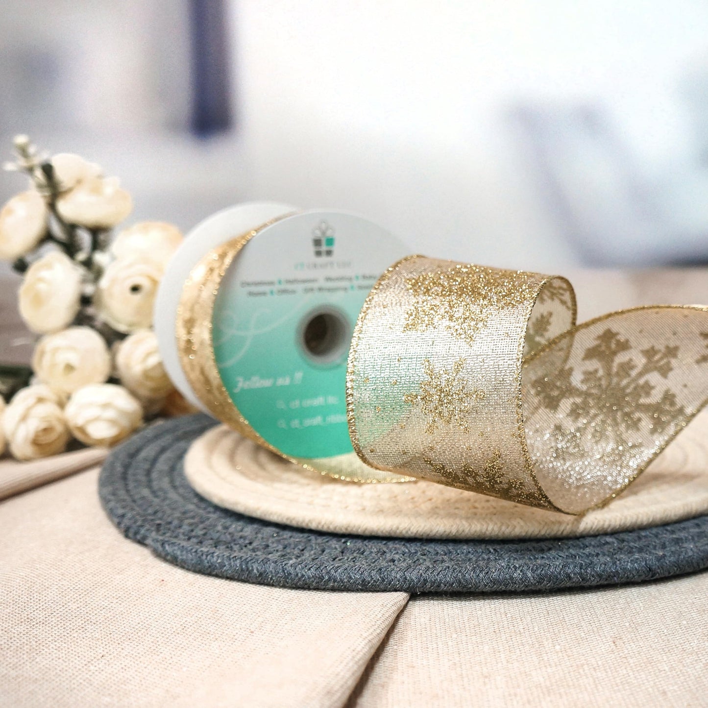 CT CRAFT LLC Champagne Gold Metallic Fabric with Gold Snowflake Wired Ribbon 2.5 Inch x 10 Yards for Christmas Home Decor Tree Topper Bow Gift Wrapping DIY Crafts Wreath Garland