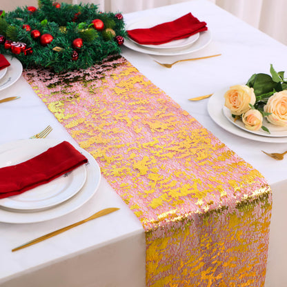 Snowkingdom 2Pcs Gold Table Runner, 11×108 Inch Red and Gold Sequin Glitter Foil Metallic Thin Mesh Table Runner, Sparkle Centerpiece for Wedding Party Birthday Holiday Kitchen Dinner Decoration