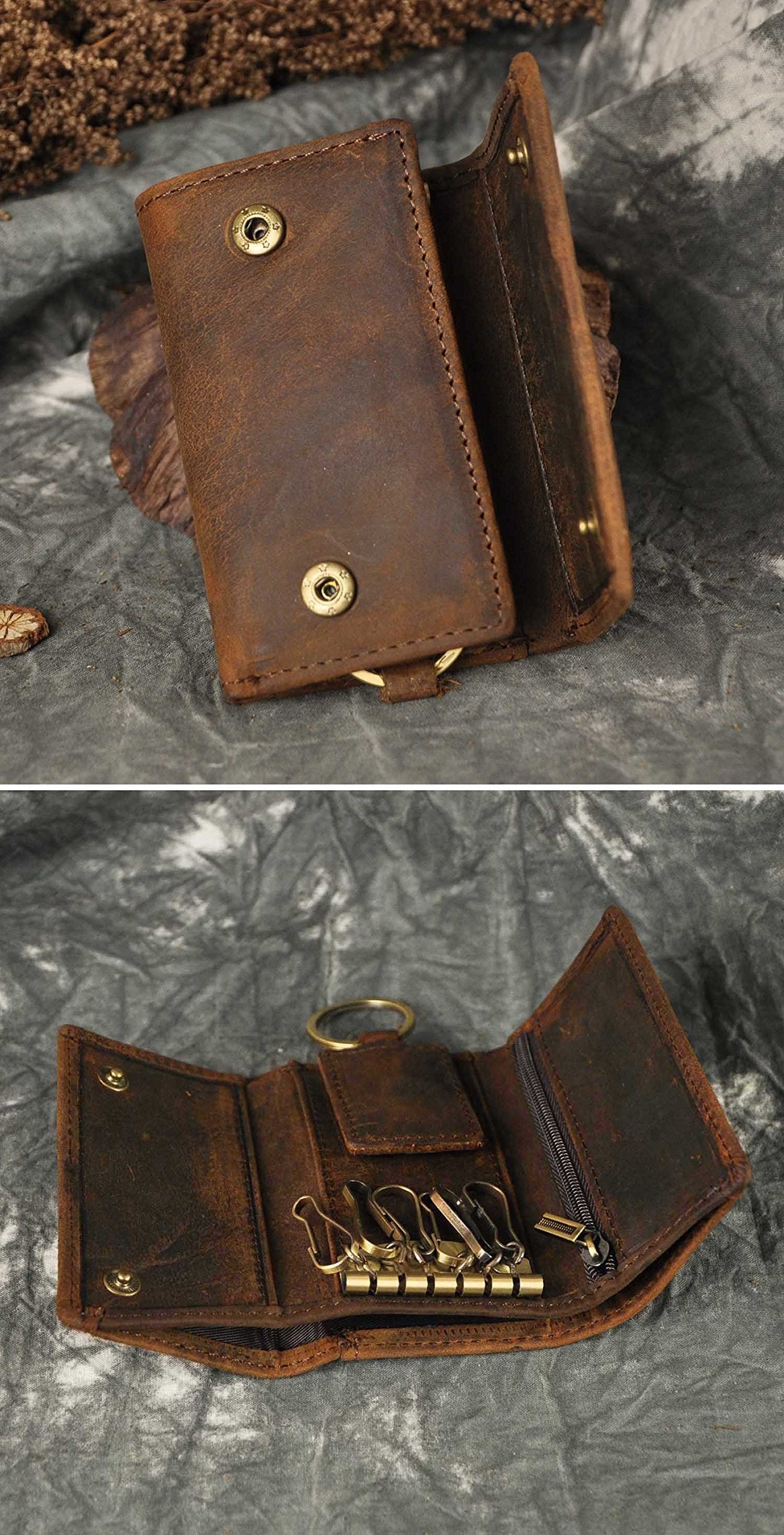 Plinvo Men's Genuine Leather Key Case with Snap Hook Loop for Car Keys & Coins Compact Wallet Design (Dark Brown1)
