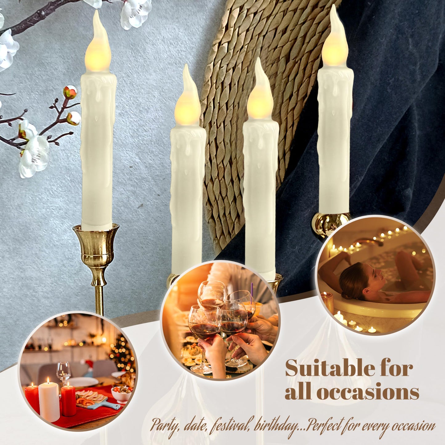 FCMSHAMD Ivory White Flameless Short Taper Candles, Real Wax Hand Dipped LED Battery Operated with Remote, Flickering Flame Lights for Festival Home Décor, 6.7 Inch Primitive Flameless Candles, 4PCS