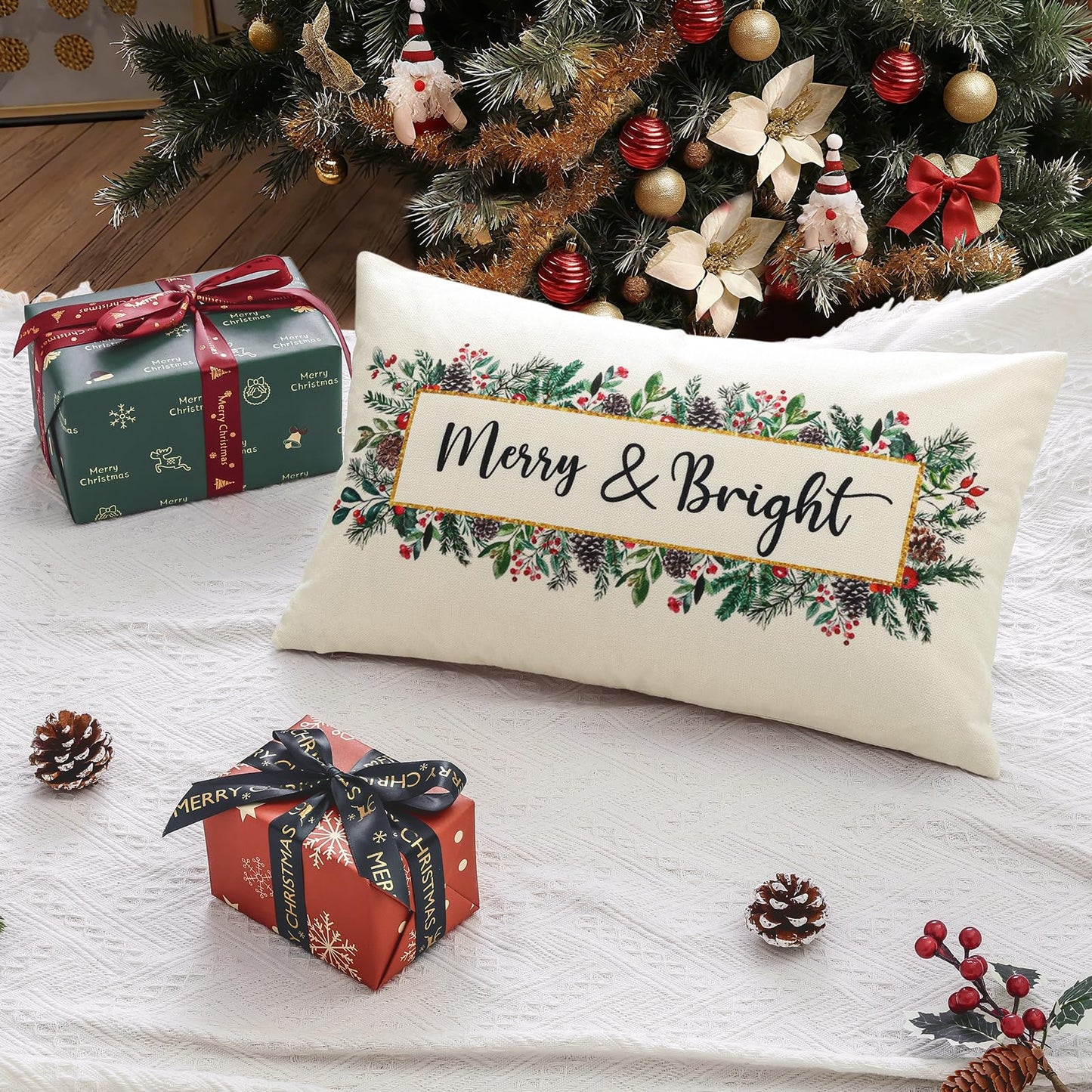 OTOSTAR Merry Bright Christmas Decor Pillow Cover 12x20 Inch Lumbar Decorative Throw Pillow Case Eucalyptus Mistletoe Winter Holiday Rectangle Cushion Cover for Couch Bed Sofa Decor (Merry & Bright)