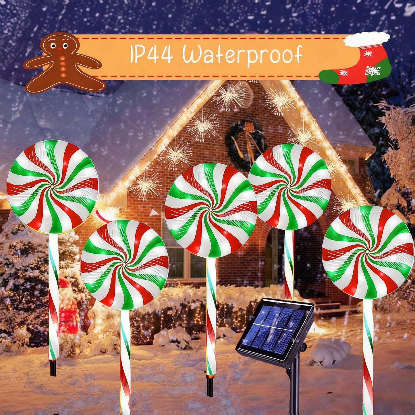 NAHIYELAS Christmas Solar Lollipop Pathway Lights 5 Pack Outdoor Candy Cane Stake Light with Bow Waterproof Walkway Xmas Outsides Garden Yard Lighting Landscape Decorative Decoration