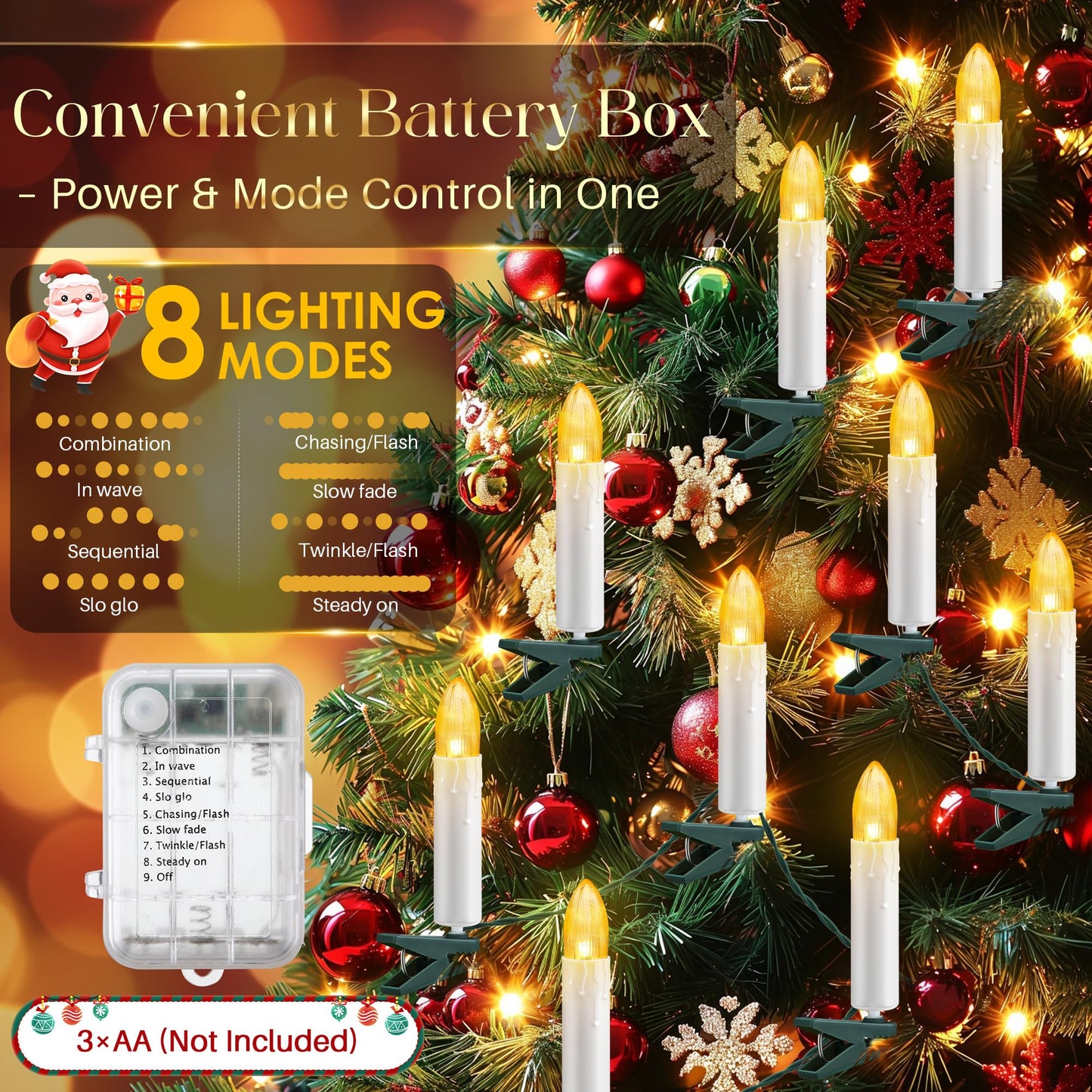 ElectricWise Christmas Tree Clip on Flameless LED Candle String Lights, White Candle with Clips & Remote Control & 8 Modes & Timer, Battery Operated, for Wedding & Holiday Decoration(10 Lights)