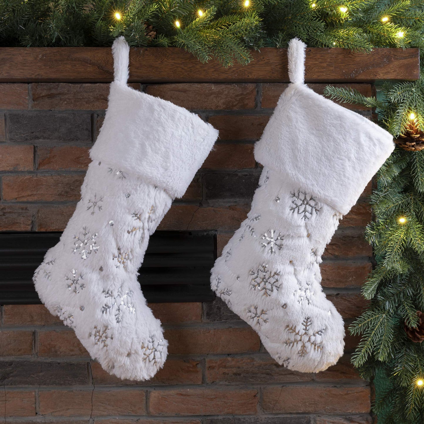 Glitzhome 2 Pack 21" White Plush Christmas Stockings,Velvet Fabric Xmas Hooked Stocking with Embroidery Snowflakes for Family Holiday Party Christmas Decorations