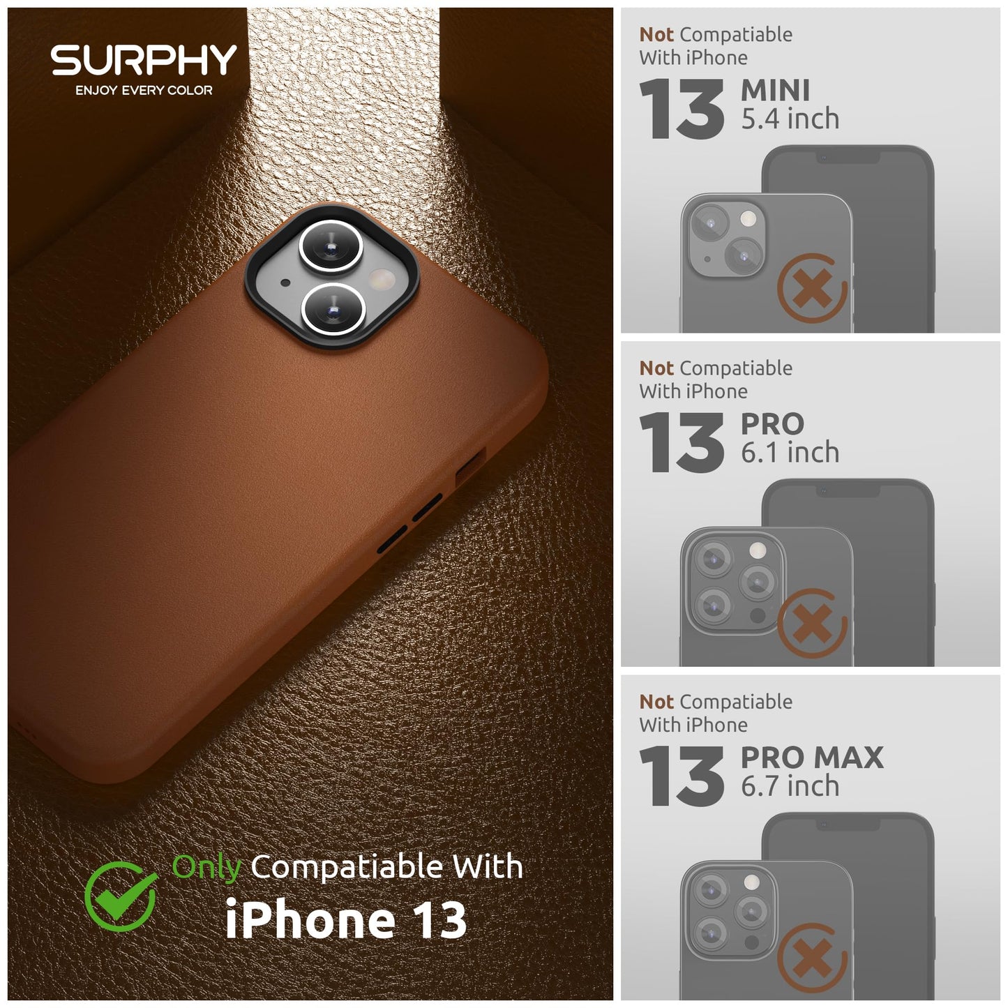 SURPHY Compatible with iPhone 13 Case, Premium Faux Leather Phone Case (with Metallic Buttons & Microfiber Lining) for 13 (6.1 inch 2021), Brown