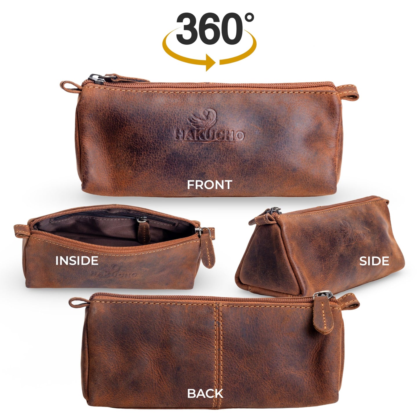 HAKUCHO Leather Pencil Case - Full Grain Leather handmade Durable & Stylish, Ykk Zippered Pen Pouch - Stationery Bag Pen Holder for collage, Work & Office