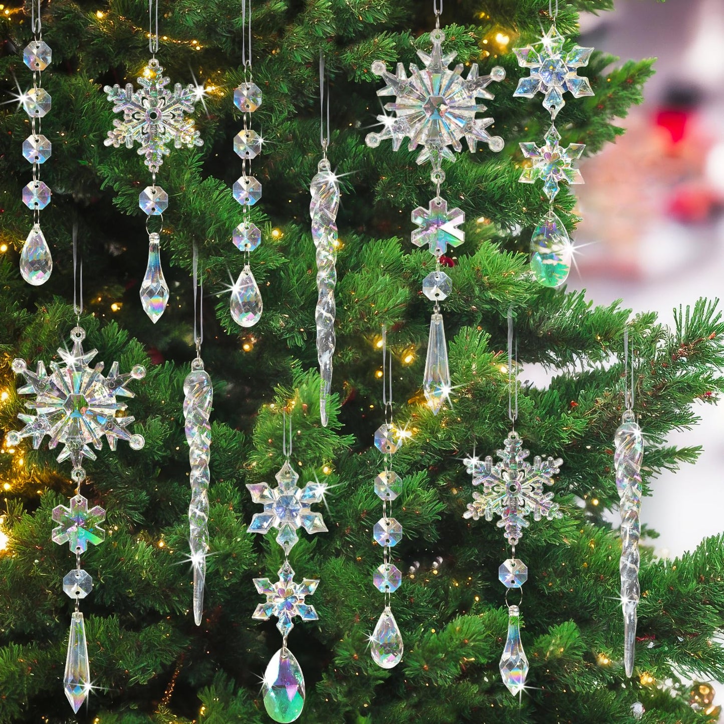 GuassLee 18pcs Crystal Christmas Tree Ornaments - Iridescent Acrylic Snowflake Icicle Drop Crystal Hanging Ornaments for Tree Iridescent Party Decor Christmas Frozen Themed Birthday Decor