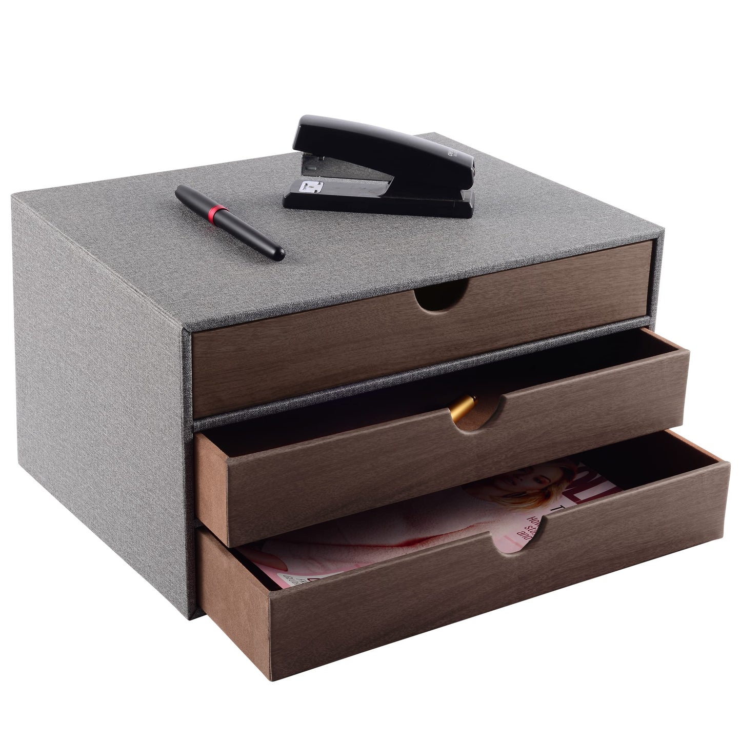RHCSZ Cloth-effect Faux Leather Desk Organizer File Cabinet Executive Office Supplies Desktop Filing A4 Contract Document Stackable Storage Box with 3 Drawers (Grey)