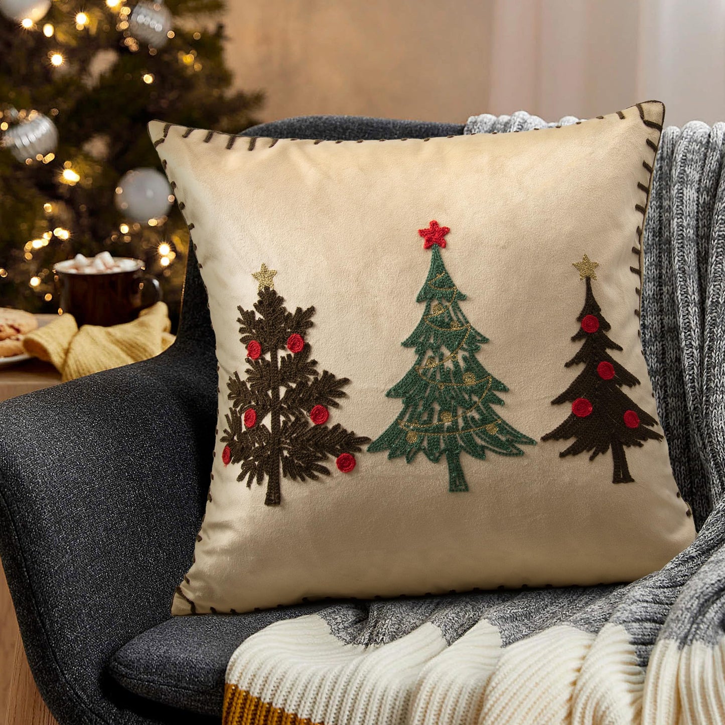LOOPUINHOM Christmas Tree Pillow Covers 18x18 Inch Gold Embroidered Tree Throw Pillows for Holiday Decorations - Cushions for Couch, Sofa, Bed, Living Room, Bedroom