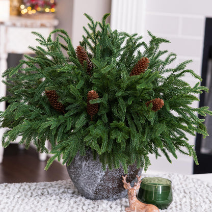 HyeFlora 19 Inch Christmas Norfolk Pine Stems, 12PCS Real Touch Faux Cedar Pine with 5PCS Big Pine Cones Branches, Artificial DIY Greenery Stems Plastic Picks for Vase Indoor Outdoor Home Garden Décor