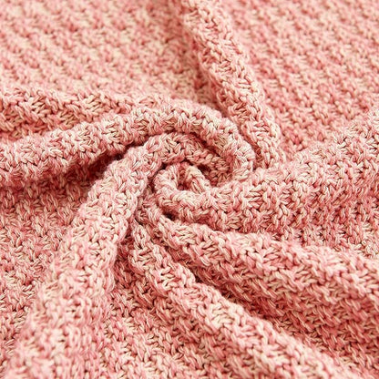 Longhui bedding Dusty Pink Knitted Throw Blanket for Couch, Soft, Cozy Machine Washable 100% Cotton Sofa Knit Blankets, Heavy 2.8lb Weight, 51 x 63 Inches, Pink and White Color, Laundry Bag Included
