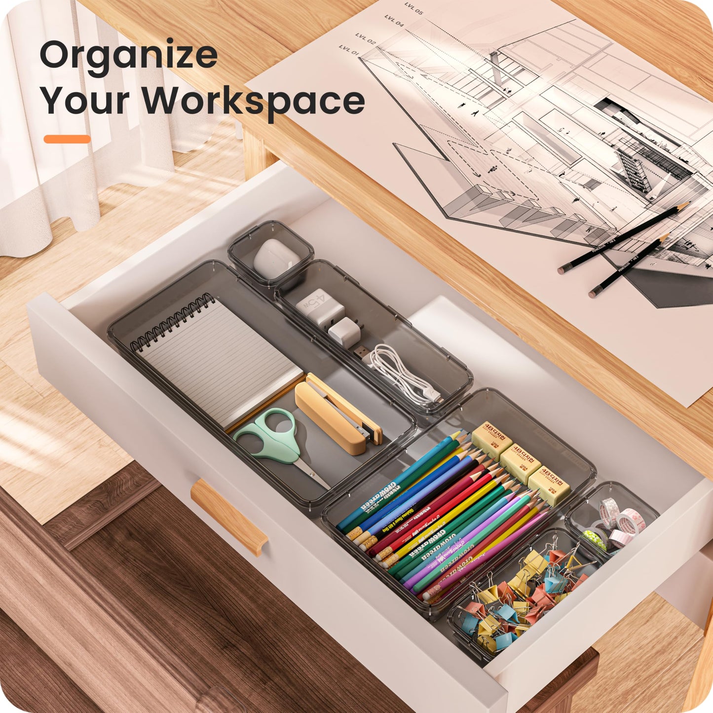 A-LuGei 【Military Grade】 Drawer Organizer, 【𝟱𝗦𝗶𝘇𝗲】 Clear Makeup organizer, 【Holds 177 Items】 Bathroom Organizers and Storage, Plastic Desk Organizer Divider, Organizer Bins for Office Vanity