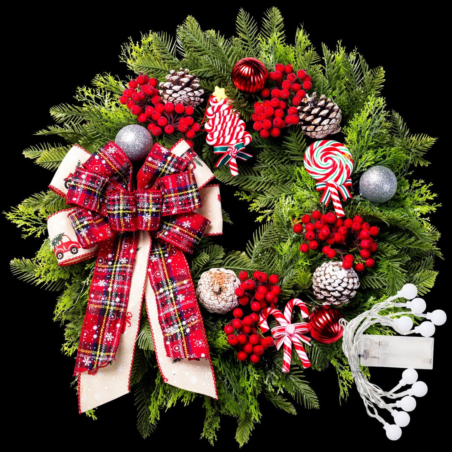 Christmas Wreaths for Front Door, 20 Inch Lighted Artificial Christmas Door Wreath with Candy Lollipops Ball Bow, Holiday Decorations for Home Decor