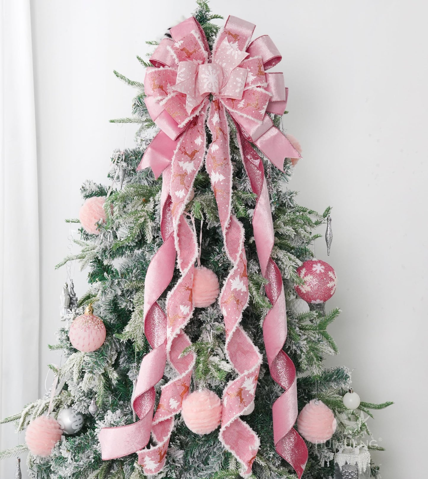 HUIHUANG Pink Christmas Tree Topper Bow 13 inch x 45 inch Large Christmas Bows Pink and White Snowflake Velvet Bows for Christmas Tree Ornament, Wreaths, Staircase, Mantel, Home Decor