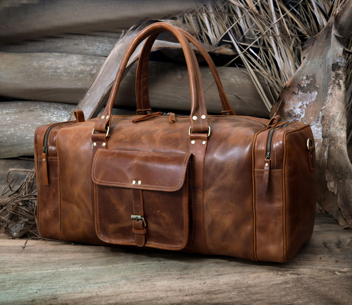 Leather Duffel Bag for Men & Women, Genuine Weekender Travel Bag, Handmade Overnight Gym Bag with Shoulder Strap, Carry-On for Business & Outdoor Travel (Asher Duffel, Light Brown, 24 Inch)