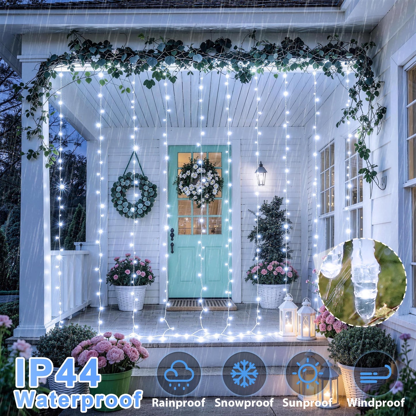 JMEXSUSS 300 LED 9.8x9.8Ft Curtain Lights Indoor with Remote, White Christmas Lights Plug in, 8 Modes White String Lights for Bedroom Wall Wedding Reception Dorm Party Backdrop Window Outdoor Decor