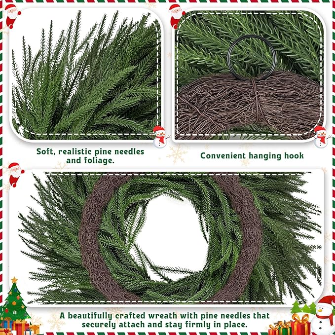 26 inch Norfolk Pine Wreath,Christmas Wreaths for Front Door,Artificial Real Touch Wreath for Door Wall Windows Mantle Outdoor Christmas Decoration
