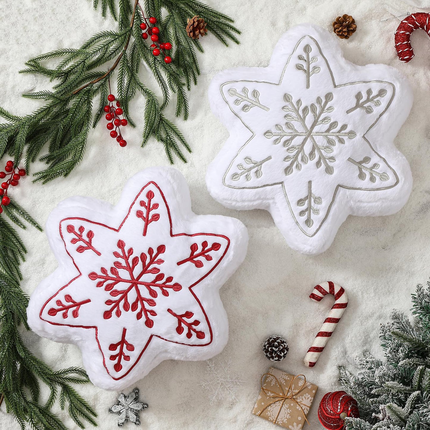 YRXRUS Christmas Snow Pillows, Snow Shaped Pillow, Small Cute Red Snowflake Pillow for Gifts, Christmas Decorations Throw Pillows for Party, Her, Kids, Girls Xmas Home Decor 13.5x13.5 Inches