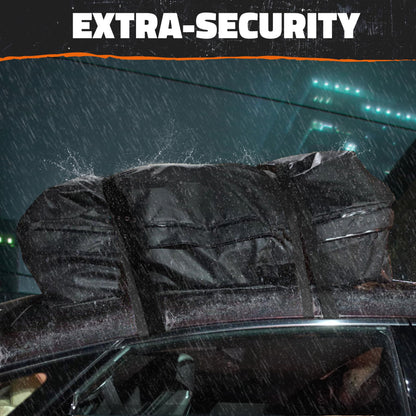 Mockins 25 Cu.Ft. Heavy Duty Car Roof Bag 60"x43"x17" | Works with or Without Roof Rack | Great for Road Trip Vacations, Camping Adventures & More | Set Includes Roof Mat, Lock, Hooks & Straps