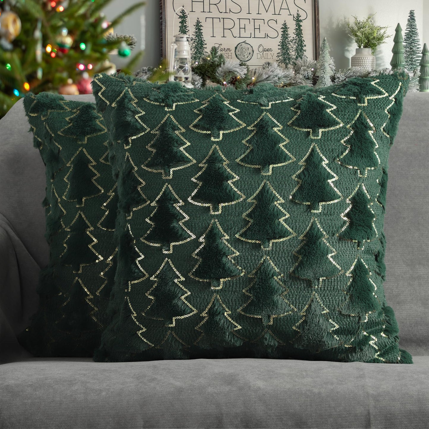 4TH Emotion Christmas Tree Decorative Pillow Covers 18x18 Set of 2, Green Soft Plush Faux Fur Farmhouse Throw Cushion Cases for Xmas Winter Holiday Home Decorations