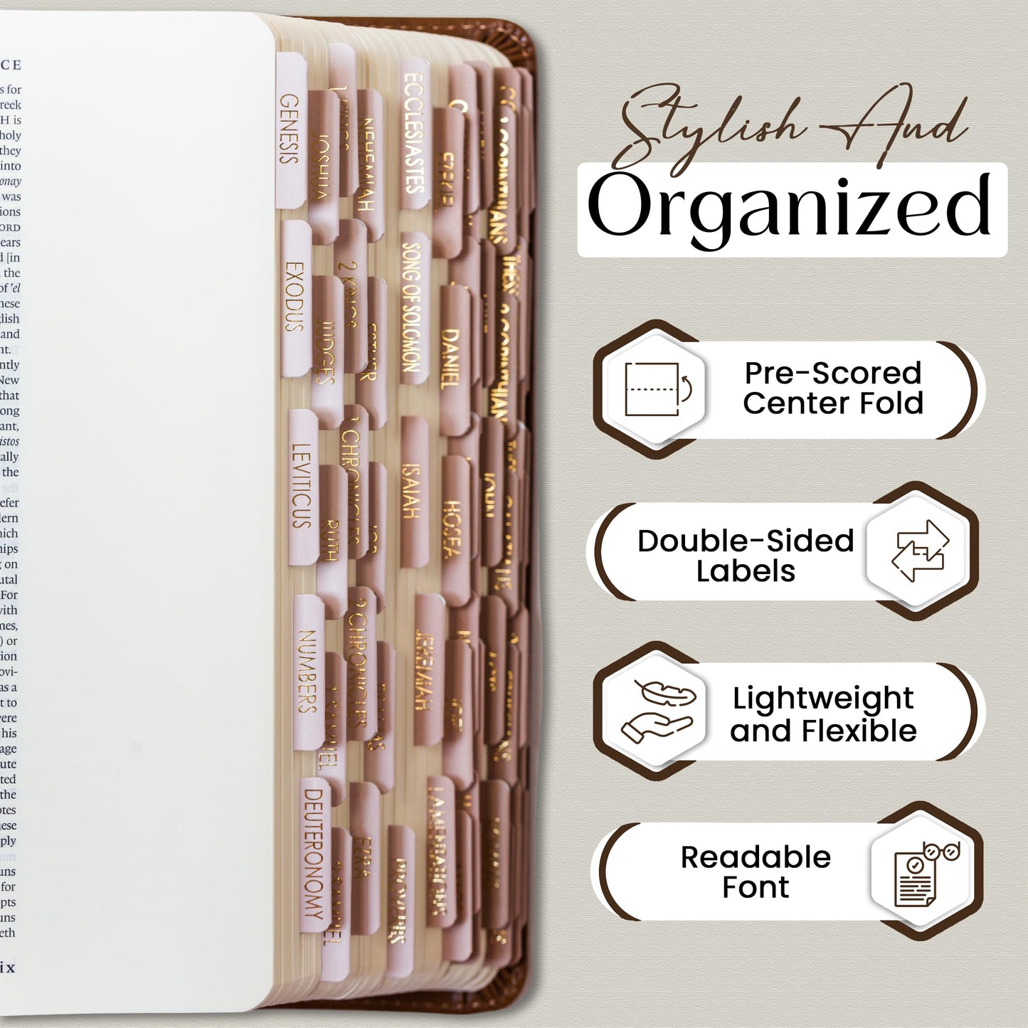 Bible Tabs for Women Study Bible, Embossed Matte Catholic Bible Tabs Gold, Laminated Bible Tabs, Bible Book Tabs w/Old & New Testament Neutral Bible Labels Tabs, Perfect Bible Study Supplies Oak