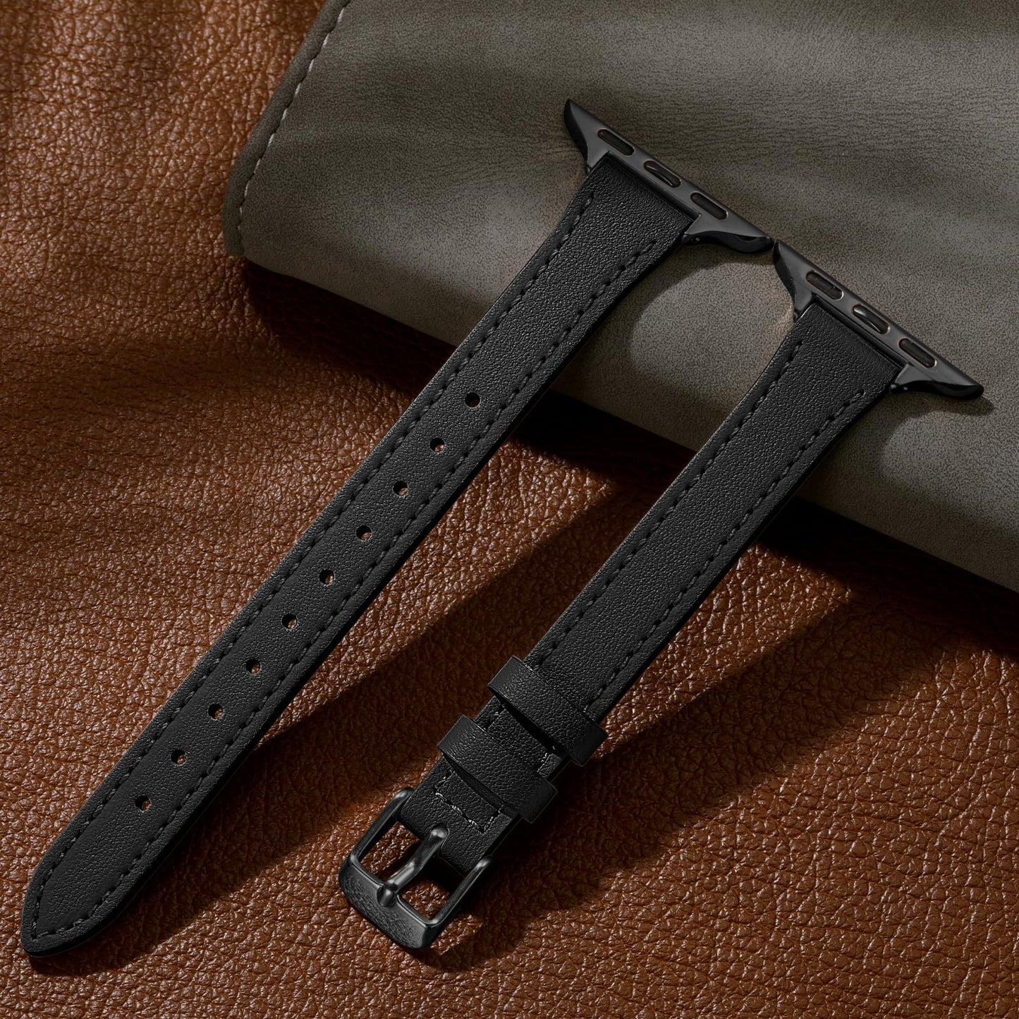 Charlam Slim Leather Band Compatible with Apple Watch Band 40mm 38mm 41mm 42mm 44mm 45mm 46mm Women,Top Grain Genuine Leather Strap Thin Wristband for iWatch Series 11 10 9 8 7 6 5 4 3 2 1 SE 3,Black