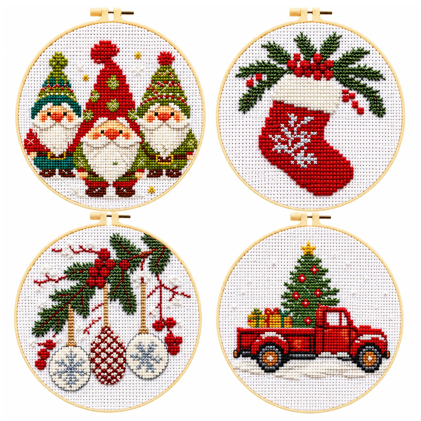Zhenqing 11CT Stamped Cross Stitch Kit for Adults Beginners, Hand Embroidery Christmas Ornaments with Hoops and Instructions - Four-Piece Stocking Set (68448)