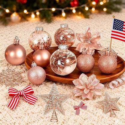 76Pcs Christmas Tree Decorations Set, Rose Gold Assorted Ornaments with Large Shatterproof Plastic Balls, Star Tree Topper, Glitter Berries Stems, Ribbon for Indoor Garland Home Holiday Wedding Decor