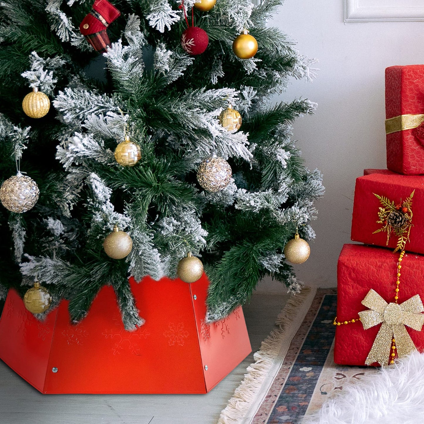 FORUP Metal Christmas Tree Ring with Printed Snowflake, Tree Skirt Base Stand for Christmas Decorations (Red)