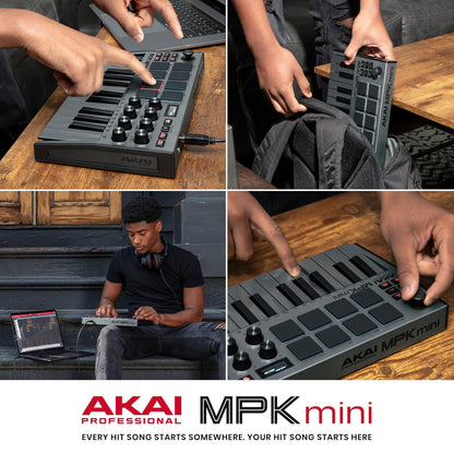Akai Professional MPK Mini MK3 - 25 Key USB MIDI Keyboard Controller With 8 Backlit Drum Pads, 8 Knobs, Music Production Software and Native Instruments Sound Package (NKS Integration), Grey