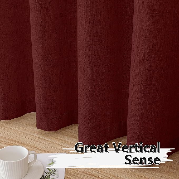 Tollpiz Short Linen Curtain Living Room Rod Pocket Semi Sheer Curtains Burlap Light Filtering Thick Linen Drape for Bedroom, 54 x 45 inches Long, Burgundy Red, Set of 2 Panels