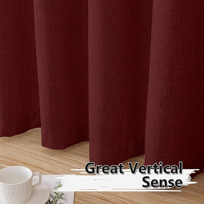 Tollpiz Short Linen Curtain Living Room Rod Pocket Semi Sheer Curtains Burlap Light Filtering Thick Linen Drape for Bedroom, 54 x 45 inches Long, Burgundy Red, Set of 2 Panels
