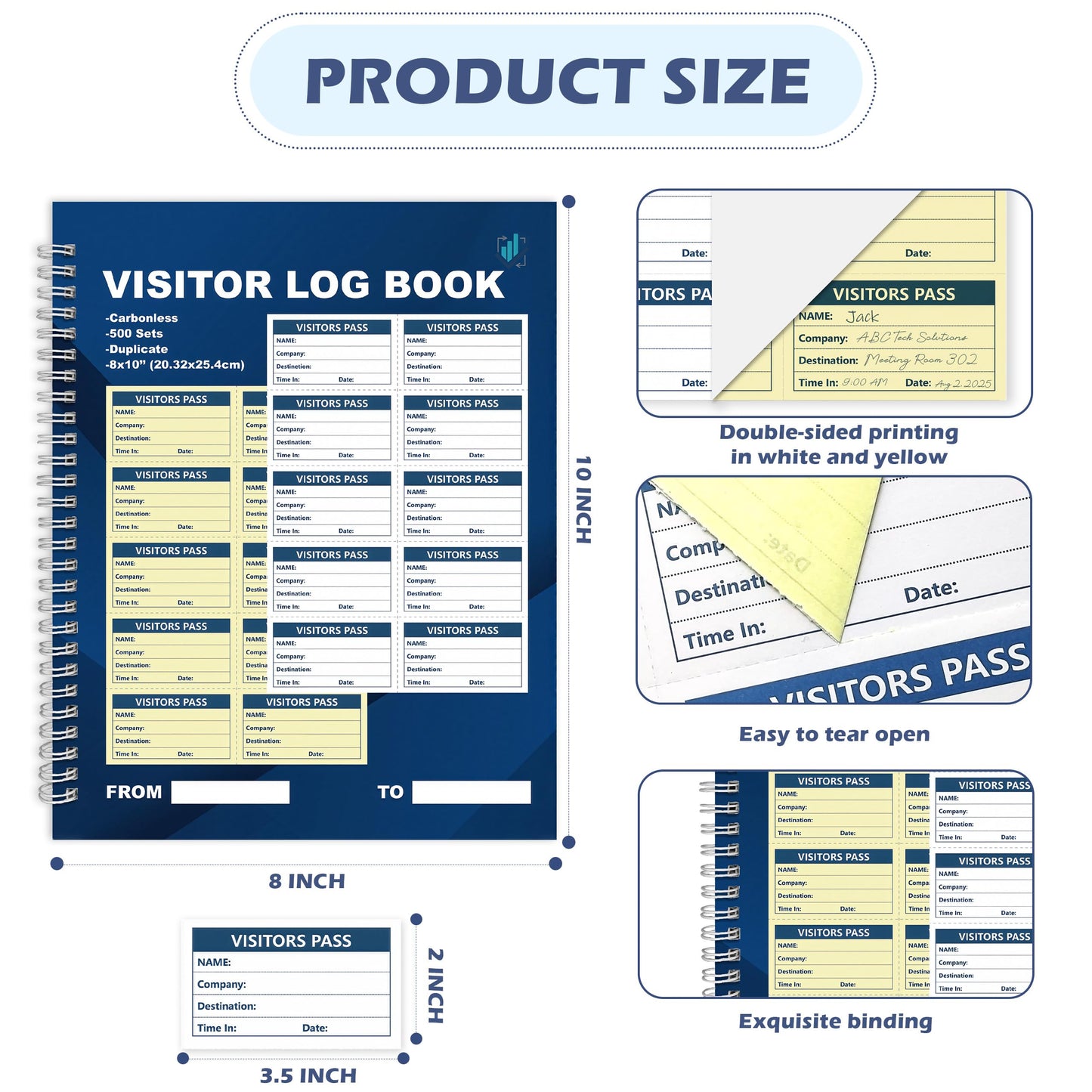 3 Pack of 1500 Visitor Badges Registry Log with Carbonless Copy 2-Part Letter Size Visitor Log Book Spiral-Bound Self Visitor Badges Guest Register Book for Business or School (3)
