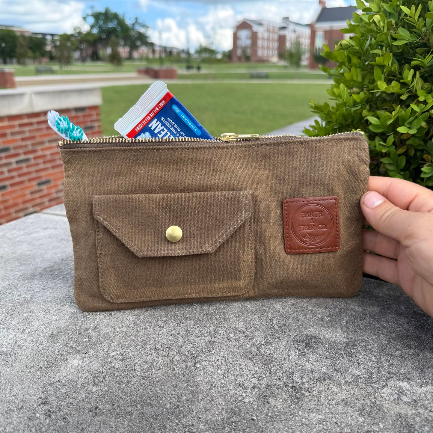 Earth & Fiber Co. Waxed Canvas Toiletry Bag, Compact Slim Design for Traveling, Brown