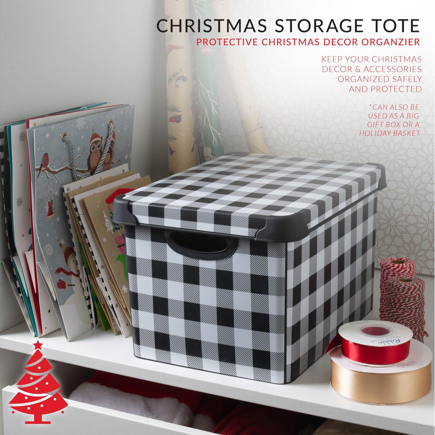 Simplify Checkered Design Storage Bin | Christmas Tote | Holiday Décor Decorations Organizer | Buffalo Plaid Design | Lidded | Stackable | Black and White