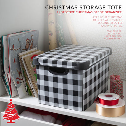 Simplify Checkered Design Storage Bin | Christmas Tote | Holiday Décor Decorations Organizer | Buffalo Plaid Design | Lidded | Stackable | Black and White
