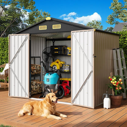 IRONCK 7.7x5.7 FT Storage Shed, Outdoor Metal Tool Shed with Breathable Vents and Lockable Doors, All-Weather Tool Storage for Patio, Outside, Poolside, Brown