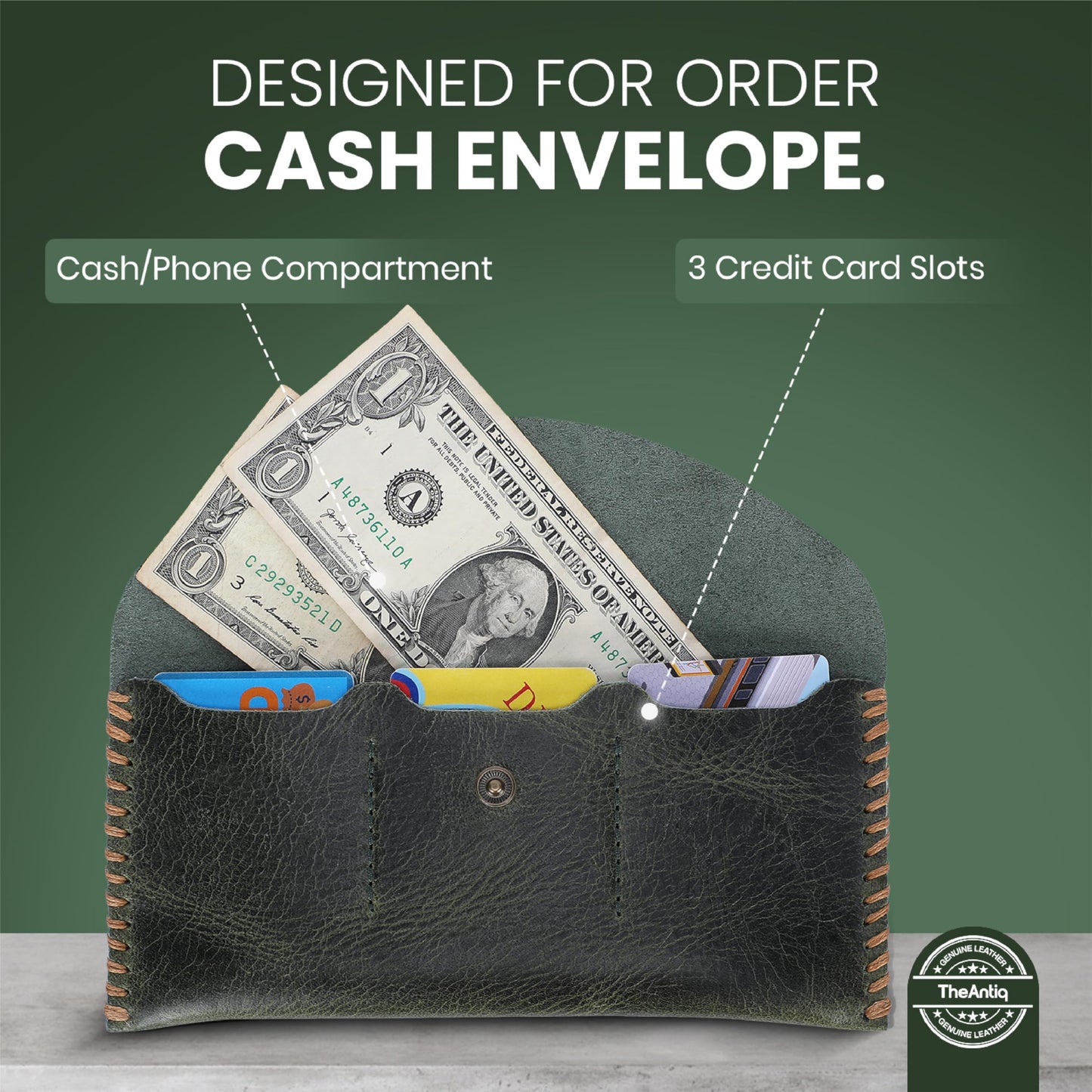 TheAntiq Green Leather Currency Pouch Money Bag with 3 Credit Card Wallet | Genuine Leather Currency Organiser For Men & Women | Handmade Dollar Bills Organiser Money Pouch Cash Bag