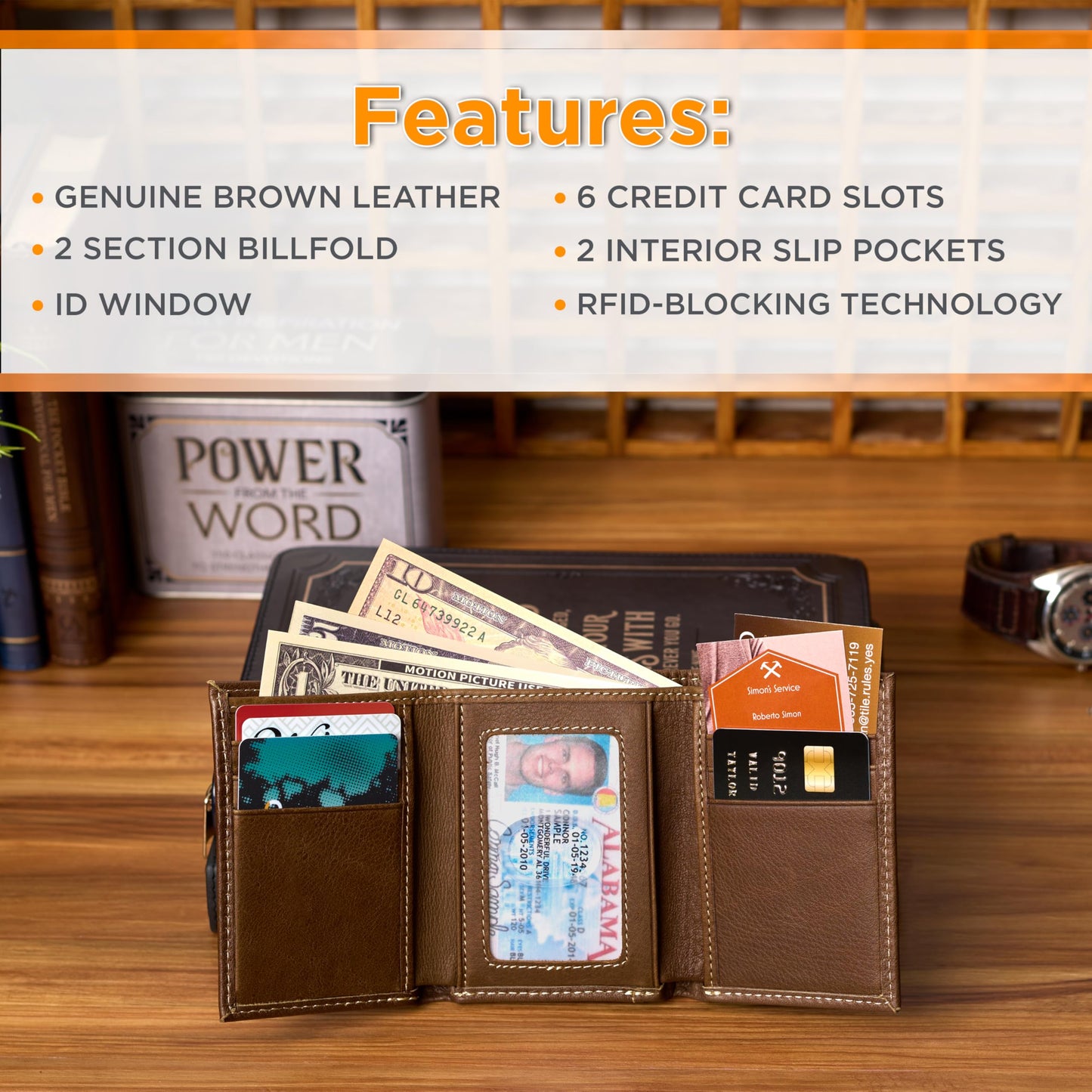 Christian Art Gifts Premium Full Grain Leather RFID Blocking Compact Trifold Wallet for Men, Inspirational Jesus Fish, ID, Credit Card, Cash Storage Accessory, Smooth Brown