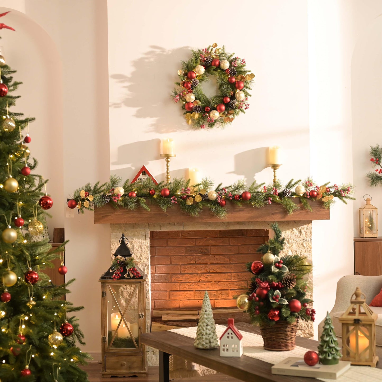 Valery Madelyn 6 Ft Pre-Lit Christmas Garland with Lights for Mantle, Lighted Outdoor Xmas Garland with Red Gold Balls Norfolk Pine for Home Stairs Fireplace Table Centerpiece Indoor Holiday Decor