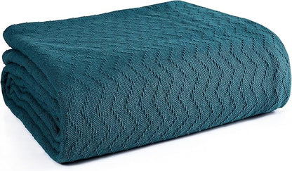 BELIZZI HOME 100% Cotton Bed Blanket, Breathable Thermal Blanket Full - Queen Size, Soft Chevron 90''x90'', Perfect for Layering Any All Season, Teal