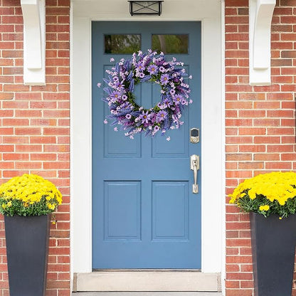 Sggvecsy Lavender Wreath for Front Door 22 Inch - Purple Daisy Spring Summer Artificial Wild Flower Greenery Leaves for All Seasons - Farmhouse Home Wall Indoor Outdoor Window Decor