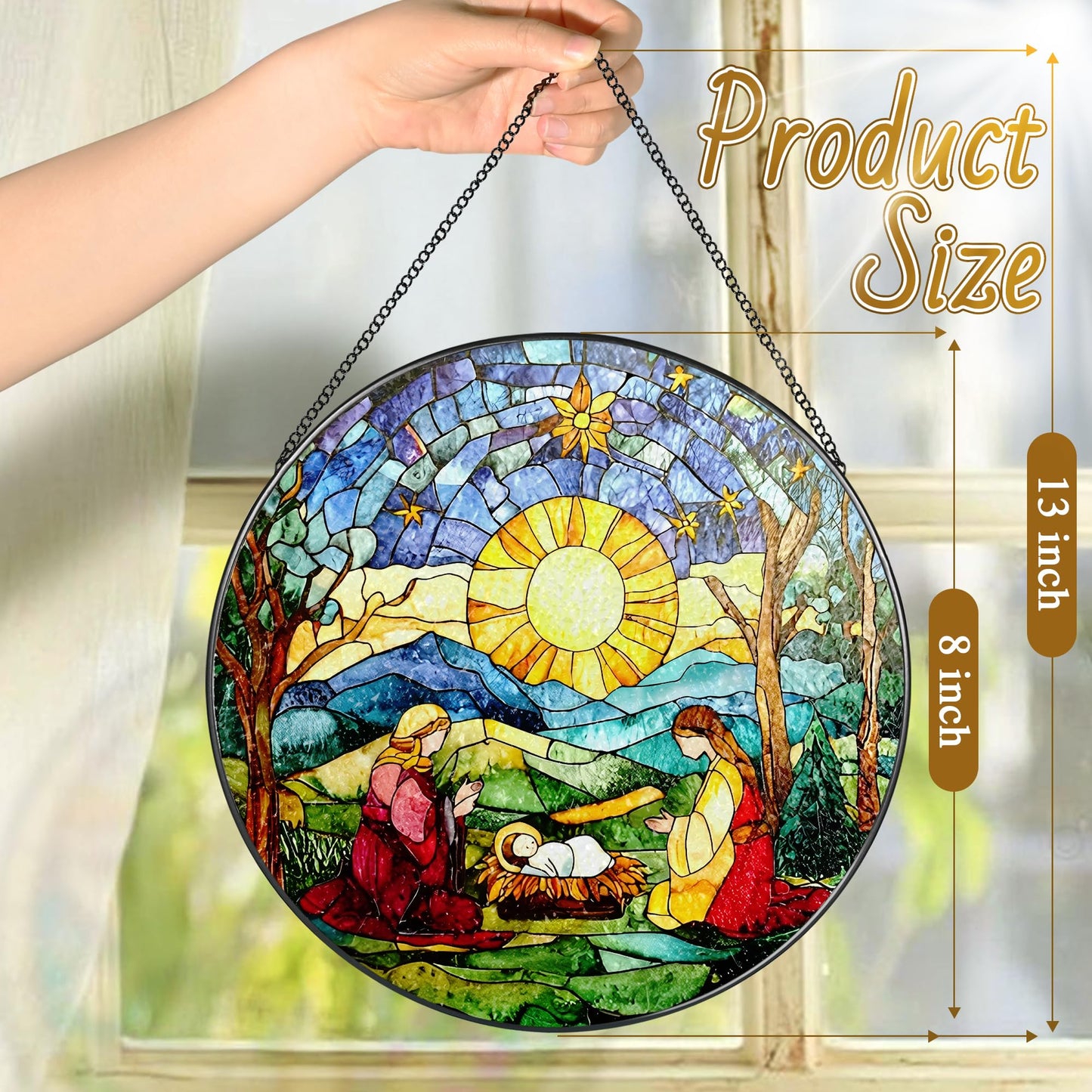 LAOWEIKI 8'' Stained Glass Suncatcher Decor, Window Hanging, Nativity Scene Ornament, Religious Christmas Ornaments, Christian Holiday Decor, Gifts for Christmas, Christian Gift, Religious Gift