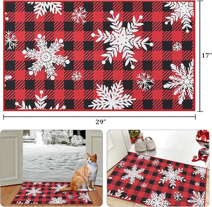 CAROMIO Christmas Doormat Holiday Xmas Buffalo Plaid Door Mat Winter Christmas Snowflakes Checkered Welcome Mat Outdoor Indoor Non Slip Decorative Entrance Floor Mat for Front Porch, 17x29 Inch