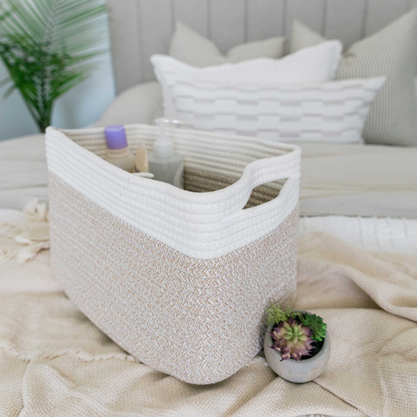 Light Honey Cotton Rope Baskets for Shelves, Set of 3 - 15"×10"×9½" - Woven Storage Baskets for Organizing - Closet, Nursery, Bedroom, Playroom - Toys, Books, Towels, Clothes
