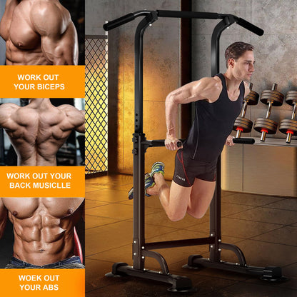 DlandHome Power Tower Pull Up Dip Station Multi-Function Fitness Equipment for Strength Training Adjustable Height Dip Stand for Home Gym, Black