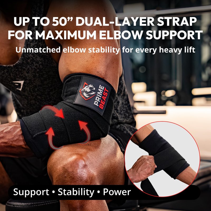 Prime Beast Hybrid Elbow Wraps for Weightlifting, Compression Sleeve and Adjustable Wrap Support for Bench Press, Powerlifting, and Gym Training (1 Pair) (Black, Small)